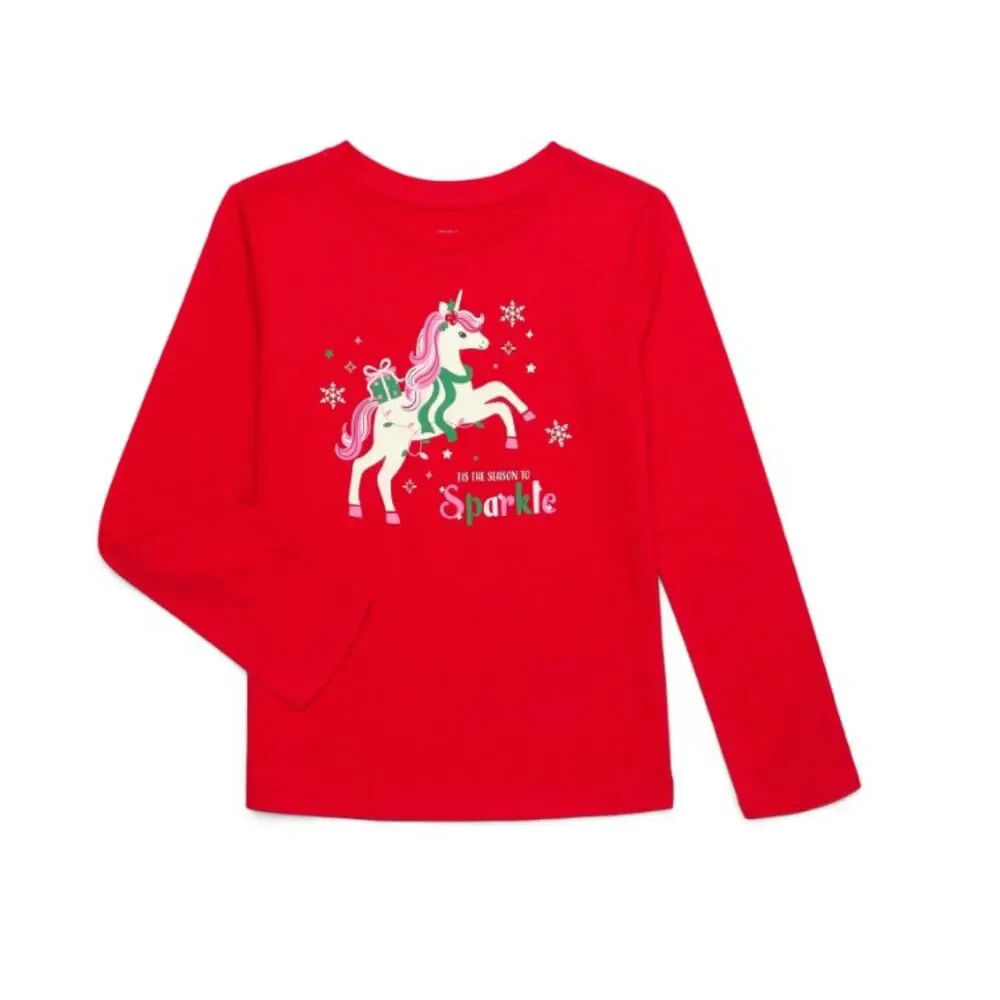 NEW Girls Sz XL Christmas Unicorn Red Long Sleeve Tee Shirt HOLIDAY TIME